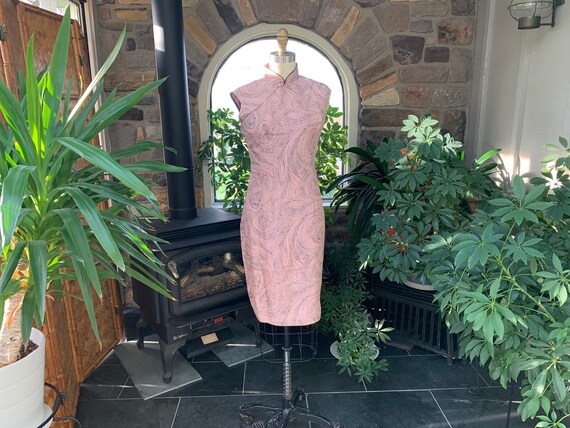 Vintage Pink Black Silk Cheongsam, Vintage Asian S