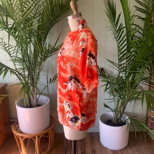 Vintage 1940s Men's Orange and Ivory shops Rayon Koi Fish Print Shirt Made in Japan, Vintage Japanese Koi Fish Rayon Crepe Hawaiian Shirt