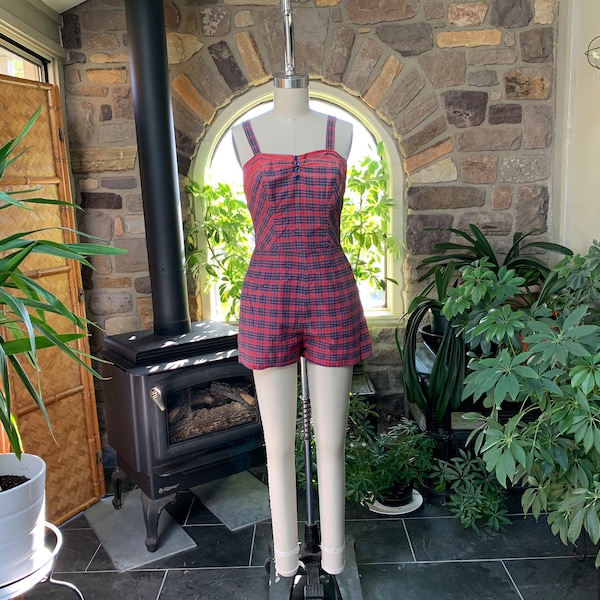 Vintage 1940s Cotton Red and Blue Plaid Butcher Boy Swimsuit Bathing Suit Swimwear Styled by Lee Swimplay Suit