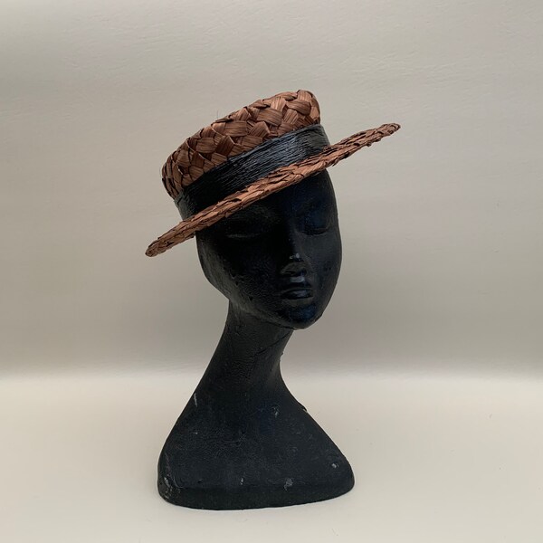 Vintage 1960s Bronze Woven Straw Boater Hat with Glossy Black Straw Band and Bow D Charles, Vintage Sixties Copper Straw Brim Hat