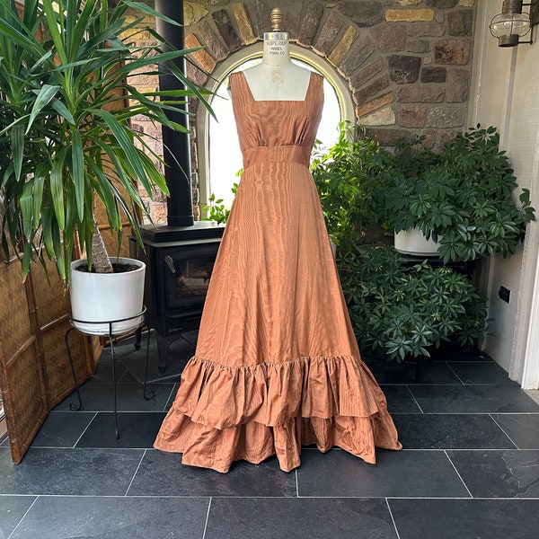 Vintage Copper Moire Ruffle Bridesmaid Prom Dress with Train, Vintage Rust Moire Formal Dress, Vintage Ball Gown Pin Up Train Ruffle Hem
