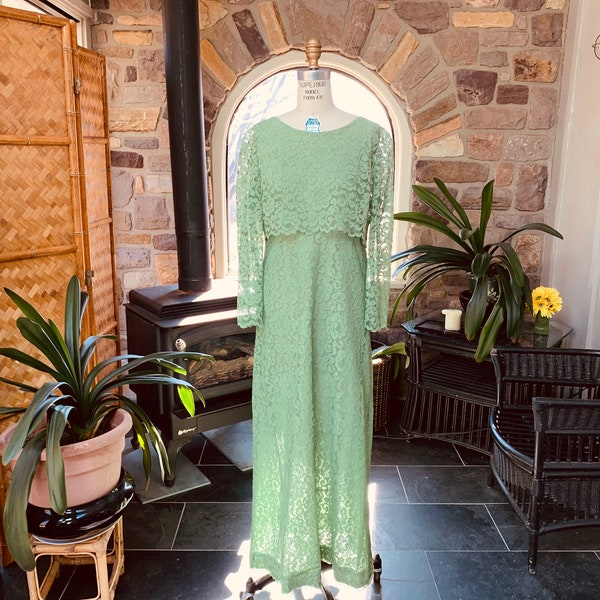 Vintage 1960s Green Layered Lace Dress, Vintage Mother of the Bride Dress, Sixties Lace Dress, 1960s Long Full Length Dress