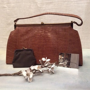 Vintage 1950s Brown Reptile Lizard Texture Handbag Top Handle Sterling Handbag Company Inc. Vintage Classic Pocketbook, Vintage Brown Purse