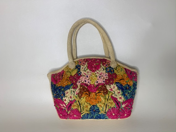 Vintage 1960s Colorful Floral Raffia Straw Handba… - image 1