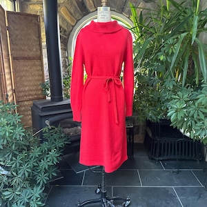 Vintage 1960s Red Turtleneck Wool Belted Sweater Knit Dress