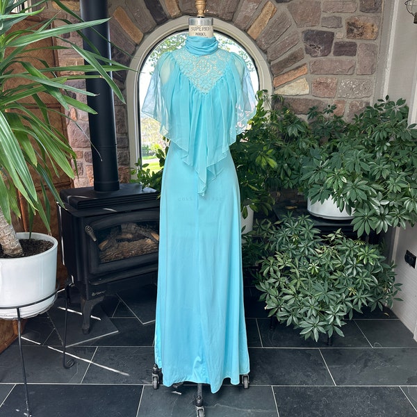 Vintage 1970s Light Blue Knit Maxi Dress Lace Neckline with Sheer Nylon Chiffon Caplet, Vintage Knit Seventies Prom Dress