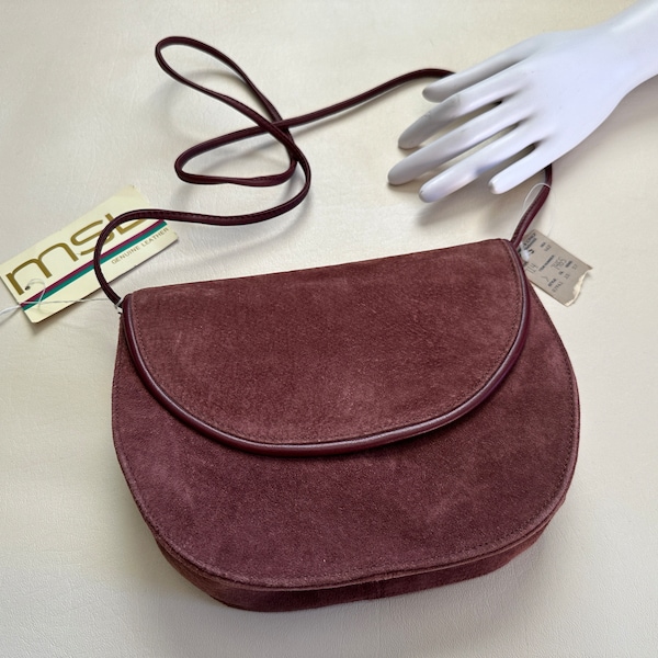 Vintage 1980s Plum Brown Suede Clutch Bag or Long Strap Shoulder Bag Deadstock MSL Leather, Vintage Eighties Handbag, Vintage Suede Handbag