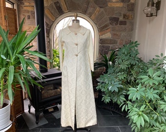 Vintage 1960s Full Length Ivory Satin Brocade Formal Evening Wedding Bridal Coat Rhinestone Pearl Buttons, Vintage Bride