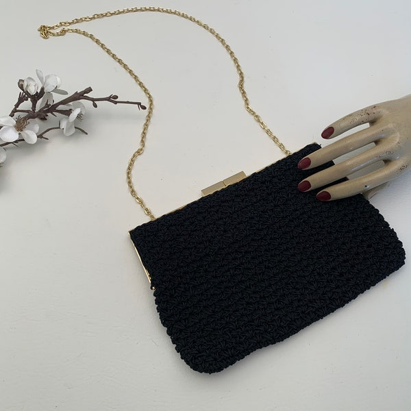 Vintage 1980s Black Cord Crocheted Clutch Bag or Gold Chain Shoulder Bag Made in Hong Kong, Vintage Crocheted Purse