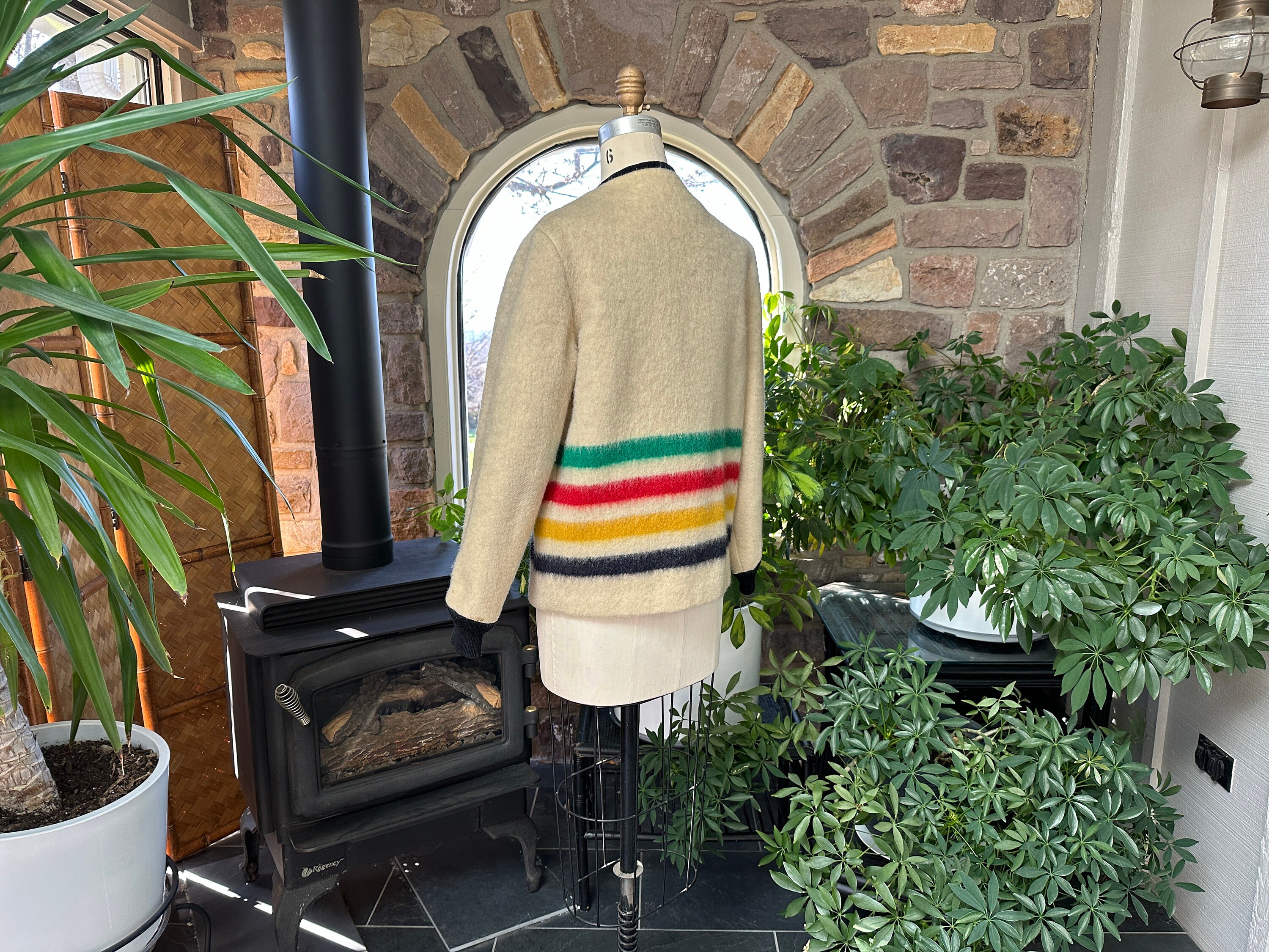 Vintage 1960s Ivory Striped Hudson Bay Wool Jacket Made in