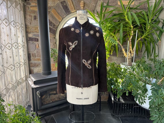 Vintage 1980s Brown Suede Fitted Jacket Wool Embroidered Design Gimo's