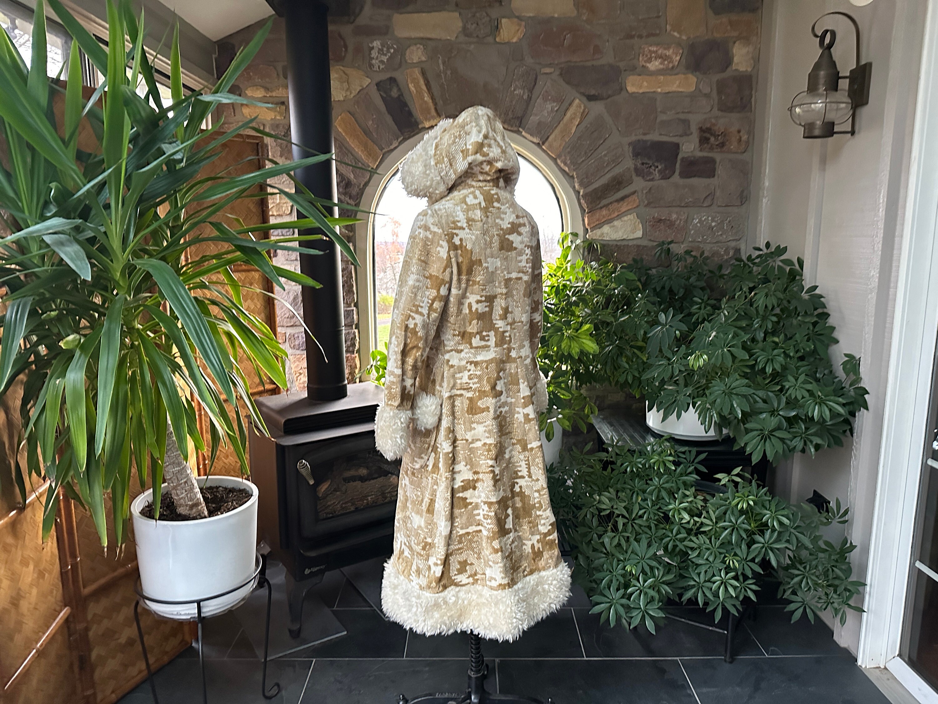 Vintage 1960s Tan and Ivory Tapestry and Faux Fur Penny Lane Coat