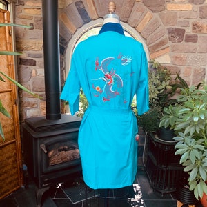 Vintage Short Blue Embroidered Serpent Asian Wrap Robe Plum Blossoms, Vintage Brightly Colored Embroidered Dragon Design Made in China