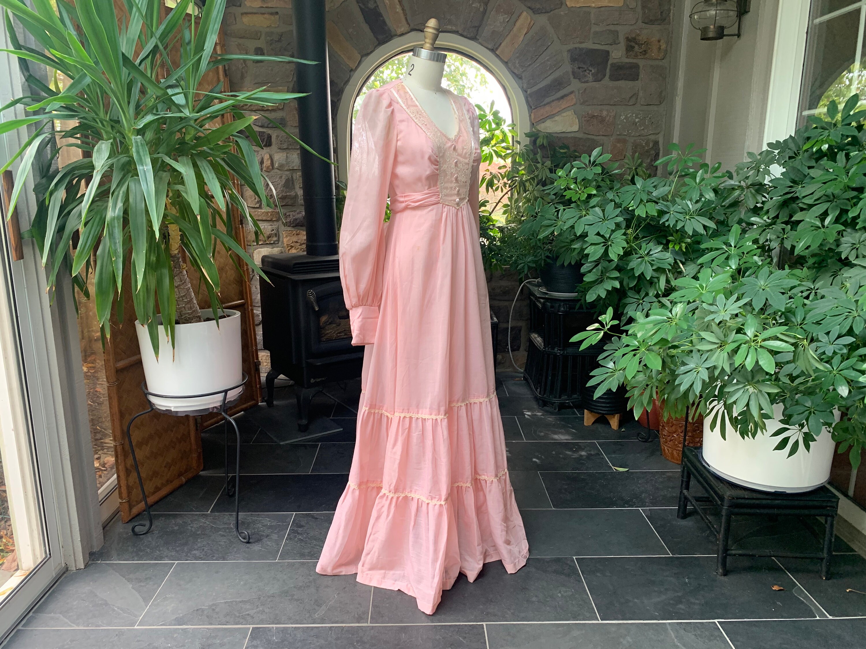 Vintage 1970s Pink and Ivory Lace Peasant Maxi Dress Gunne