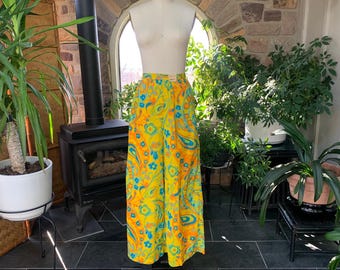 Vintage 1970s Colorful Bold Floral Print Palazzo Pants E J Korvette Deadstock with Tag, Vintage Seventies Flower Wide Leg Pants