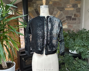 Vintage 1960s Iridescent Black Sequin Knit Open Front Sweater