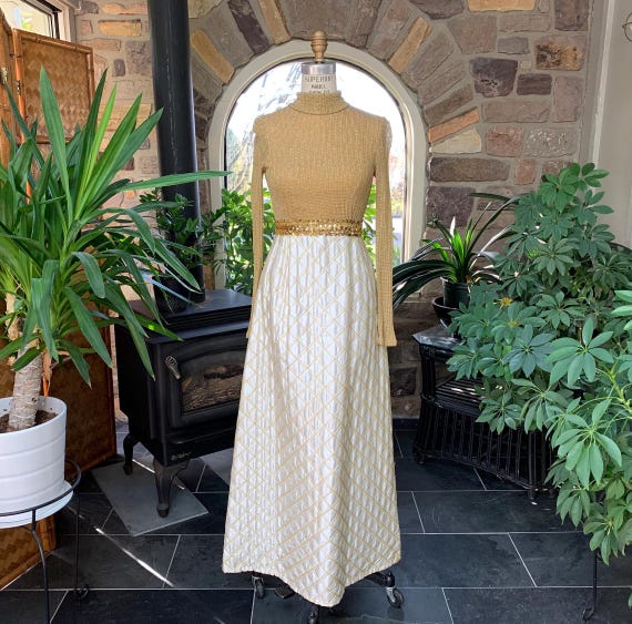 ivory lurex knit dress Vintage 1970s Metallic Gold Knit Quilted Satin Skirt Sequin Evening Maxi Sandrine lurex