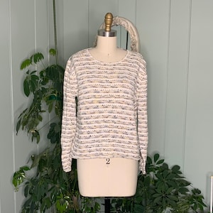 Vintage 1990s Ivory and Gray Striped Cotton Crop Sweater Fashion Bug
