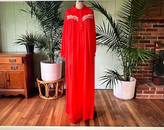 Camisón vintage de nailon rojo y naranja y encaje marfil de los años 70, Sears