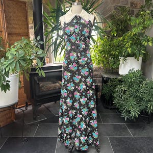 Vestido largo vintage de lunares y flores de los años 70 de Kristies Lou Juniors California, vestido de verano vintage de los años setenta
