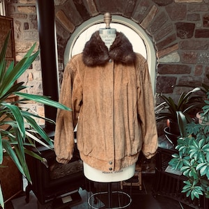 Vintage 1980s Pelle Brown Suede Bomber Jacket Removable Opossum Fur Collar, Suede and Fur Aviator Jacket, Eighties Brown Suede Coat