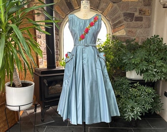 Vintage 1950s Steel Blue Taffeta Rhinestone Studded 3 Dimensional Silk Flower Bodice Full Skirt Dress, Vintage Swing Rockabilly Belted Dress
