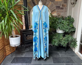 Vintage 1960s Alfred Shaheen Blue Floral 2 Piece Hostess Maxi Dress & Pants Signed, Alfred Shaheen Blue Tropical Floral Tunic and Pants Set