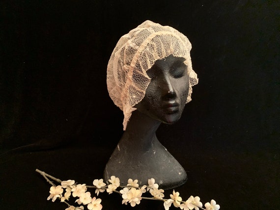 Antique Edwardian Lace Net Night Cap, Antique Vict