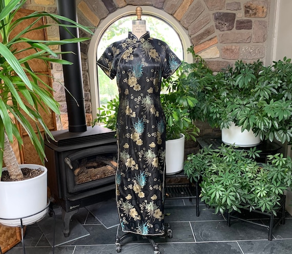 Vintage Cheongsam Style Black Gold and Turquoise Satin Dress Whitby Vintage Asian Style Dress Vintage Wiggle Dress Etsy UK