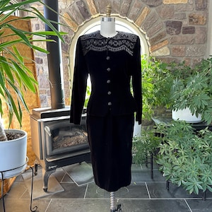 Vintage 1980s Black Velvet Sequined Jacket with Black Velvet Pencil Skirt Scott McClintock, Eighties Black Tie Party Suit