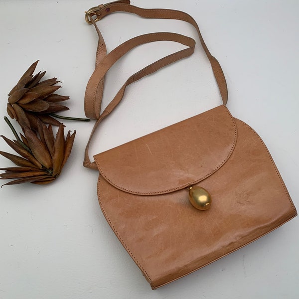 Vintage 1980s Tan Leather Shoulder Bag Crossbody Albert Nipon, Vintage Camel Color Leather Handbag