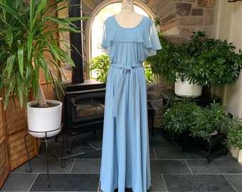 Vintage 1970s Light Blue Knit Plus Size Belted Maxi Dress with Sheer Attached Caplet Collar, Vintage Knit Seventies Evening Dress