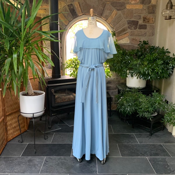 Vintage 1970s Light Blue Knit Plus Size Belted Maxi Dress with Sheer Attached Caplet Collar, Vintage Knit Seventies Evening Dress