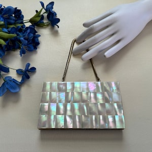 Vintage 1940s 1950s Mother of Pearl Compact Purse, Minaudière Wedding Purse, MOP Evening Bag