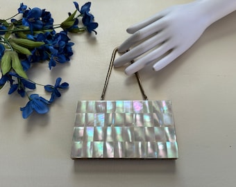 Vintage 1940s 1950s Mother of Pearl Compact Purse, Minaudière Wedding Purse, MOP Evening Bag
