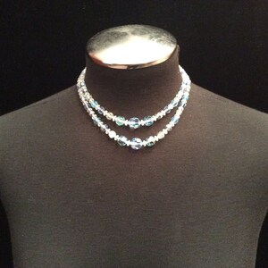 Vintage 1960s Aurora Borealis Crystal Necklace, Graduated Crystal Bead Necklace, Double Strand AB Crystal Choker Necklace