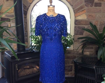 Vintage 1980s Royal Blue Bead and Sequin Evening Dress Silky Nites By Cherish - Vintage Formal Dress, Vintage Beaded Dress, Eighties Dress