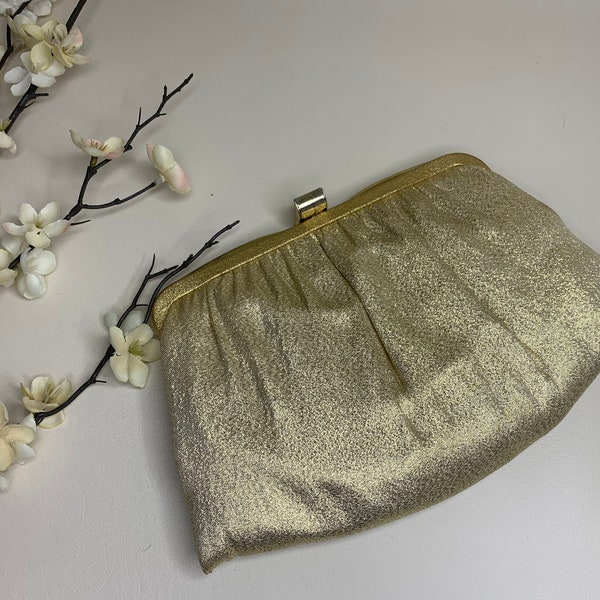 Vintage 1970s Metallic Gold Cloth Handbag Ande Gold Chain Handle or Clutch Purse, Vintage Formal Purse, Vintage Gold Evening  Bag