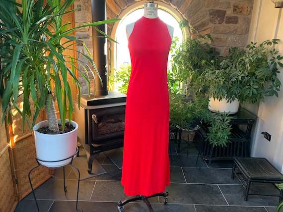 Vintage 1970s Red Knit Racer Neck Maxi Dress Wimz… - image 1