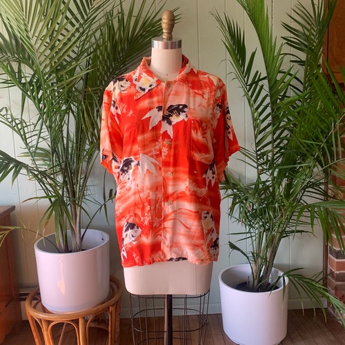 Vintage 1940s Men's Orange and Ivory shops Rayon Koi Fish Print Shirt Made in Japan, Vintage Japanese Koi Fish Rayon Crepe Hawaiian Shirt