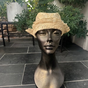 Antique Ecru Cotton and Linen Laces Silk Organza Bonnet Night Cap,  Victorian Bedtime Bonnet Lace Silk Nightcap