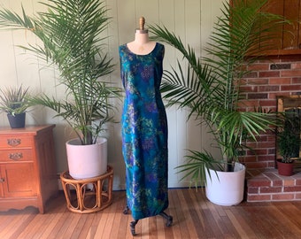 Vintage 1990s Blue Teal Yellow Floral Print Maxi Dress Back Tie R & K Originals, Vintage Nineties Shift Dress