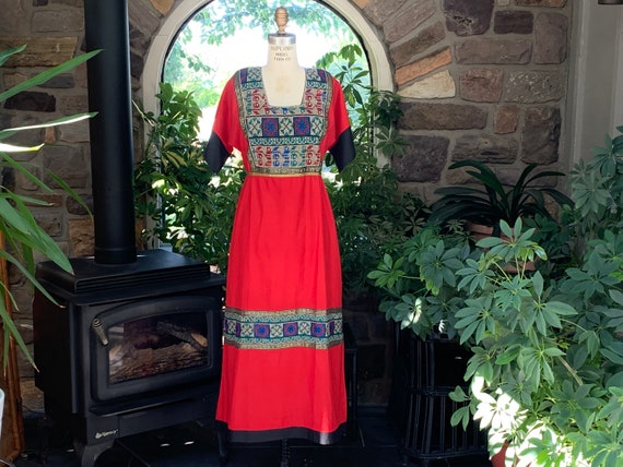 Vintage Bohemian Red Embroidered Peasant Dress wi… - image 1