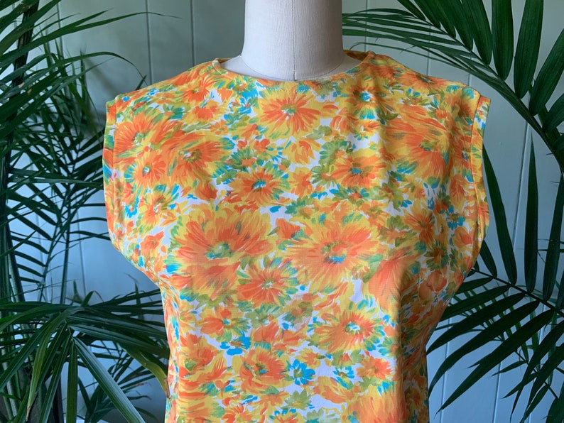 Vintage 1960s Sleeveless Orange Floral Jersey Knit Shift Dress, Vintage Sixties Handmade Clothing image 2