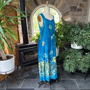 Vintage 1990s Blue Yellow Green Tropical Floral Print Rayon Midi Dress Back Tie Erika Dresses 画像 9