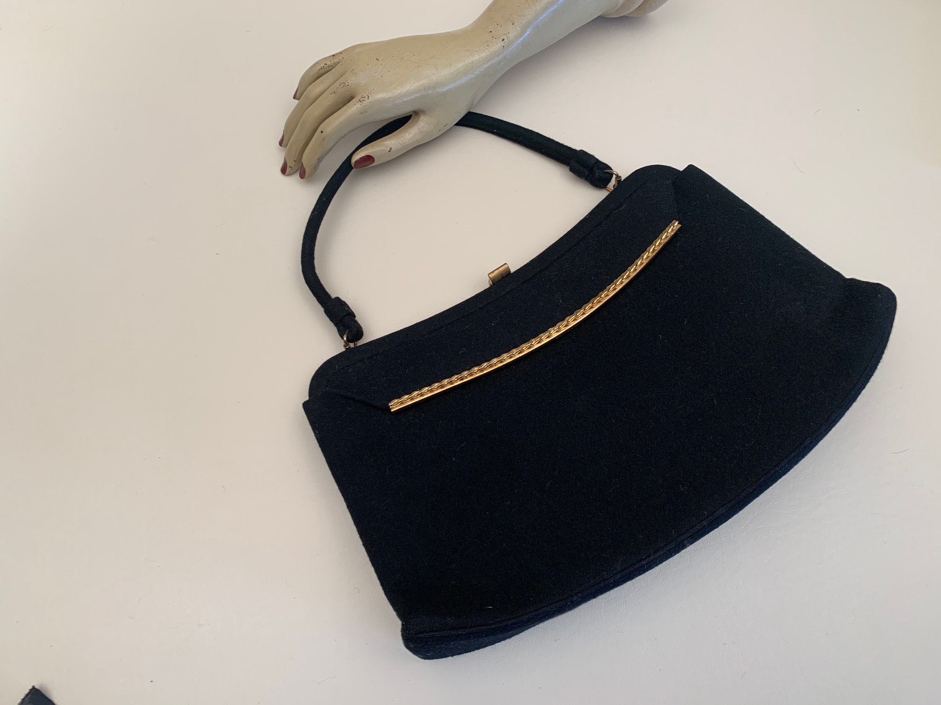 Vintage 1950s Black Wool Handbag With Gold Hardware Lewis - Etsy 