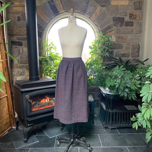 Vintage 1970s Maroon Blue and Red Plaid Midi Skirt Montego Bay