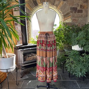 Vintage Green Maroon Peach Cotton Gauze Elastic Waist Full Midi Skirt, Vintage Cotton Ethnic Print Full Midi Skirt