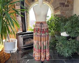 Vintage Green Maroon Cotton Gauze Ethnic Print Elastic Waist Full Midi Skirt