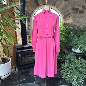 Puede incluir: Un vestido vintage rosa brillante en un maniquí. El vestido presenta una parte superior abotonada con cuello, mangas largas y una falda plisada. La cintura está ceñida y el dobladillo llega a la rodilla. El maniquí está frente a una ventana.